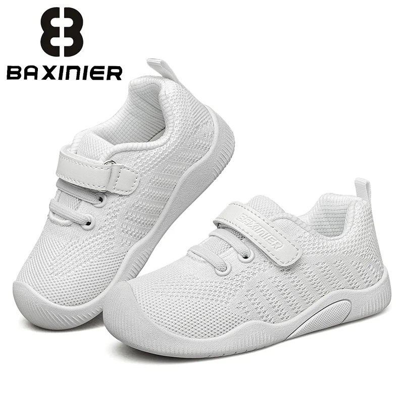 BAXINIER Kids Girls Boys White Velcro Sneakers Lightweight Breathable Casual Sport Shoes Youth Children Easy On Walking Shoes