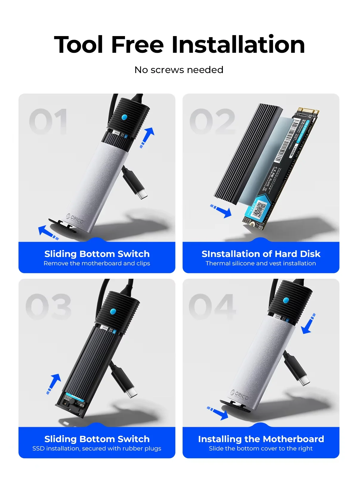 กล่องใส่ SSD แบบพกพา ORICO รองรับ M2 NVME SATA โปรโตคอลคู่ ไม่ต้องใช้เครื่องมือ กล่องใส่ M.2 SSD ภายนอก สำหรับ NVME PCIE NGFF SATA SSD