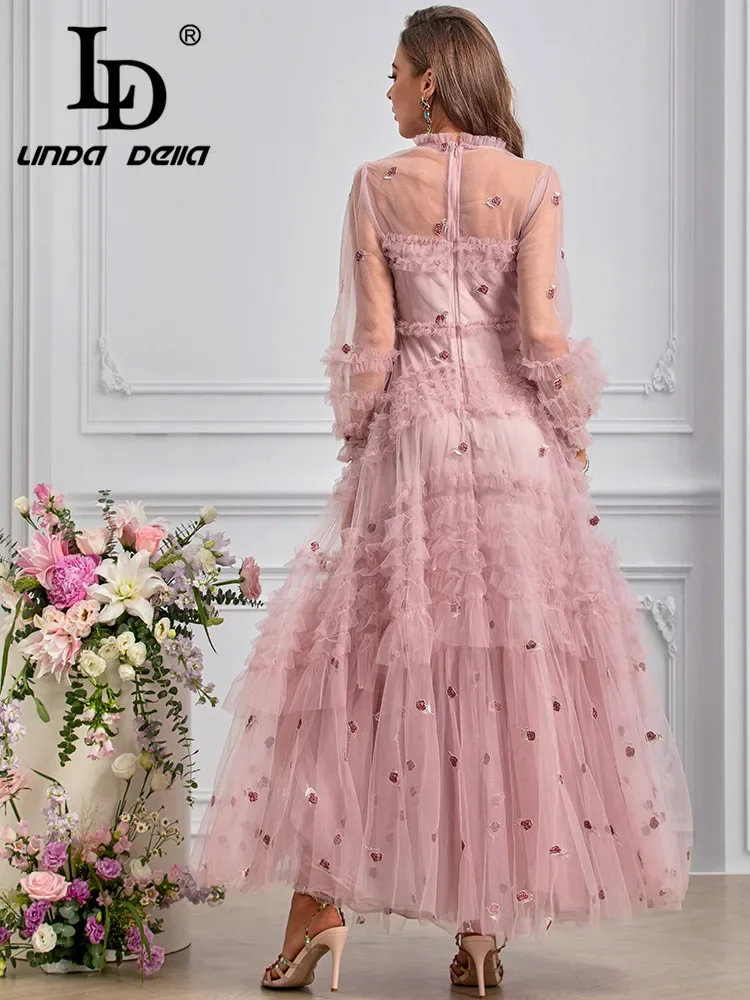 LD LINDA DELLA Summer 2024 luxury Designer Dresses for women Vintage Flowers Embroidery Net Yarn Ruffles Dresses Sizes S-4XL