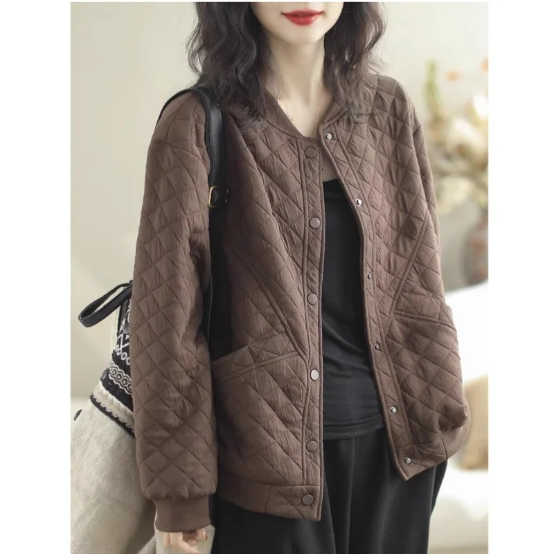 شتاء جديد ريترو مبطن سترة قصيرة المرأة فضفاضة تنوعا الماس البيسبول سترة أعلى #2