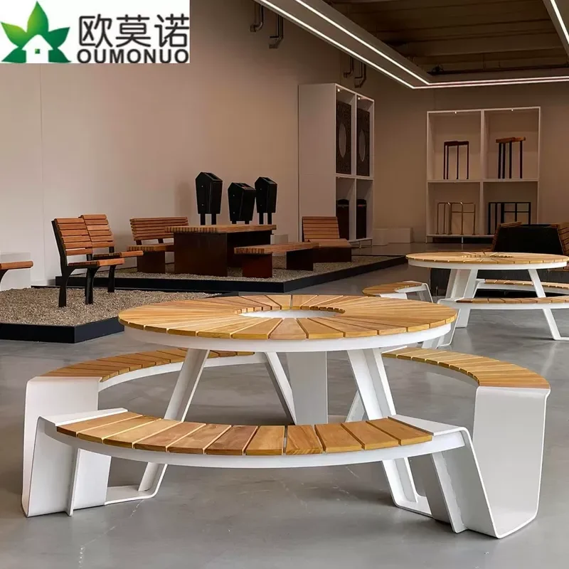 Outdoor Solid Wood Round Table and Bench Set Weatherproof Furniture for Restaurant Canteen Park Garden Public Places Rain Sun