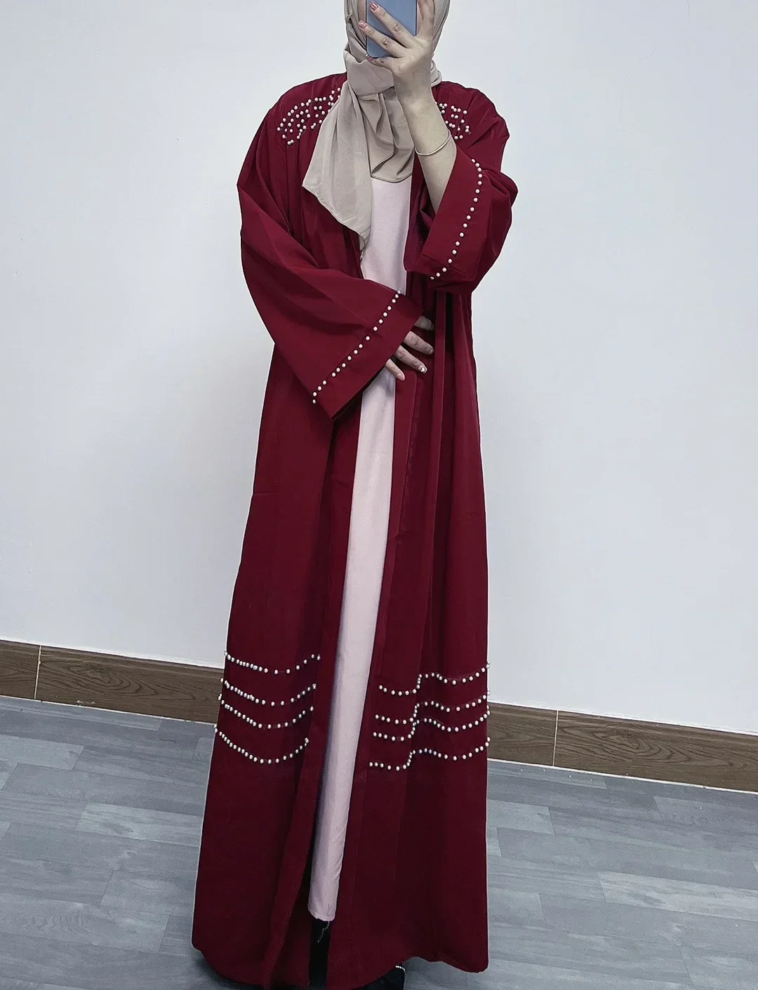 

Dubai Open Abaya Arab Middle East Muslim Women's Dress Türkiye Islamic Beading Hot Diamond Lace Muslim Solid Cardigan Gown