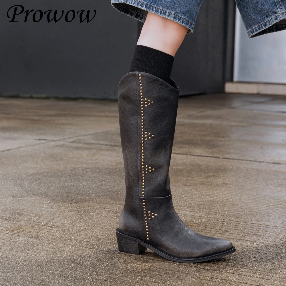 

Новые сапоги до колена из воловьей кожи с заклепками на толстом каблуке и центральном каблуке в стиле ретро, женская обувь Zapatos Mujer