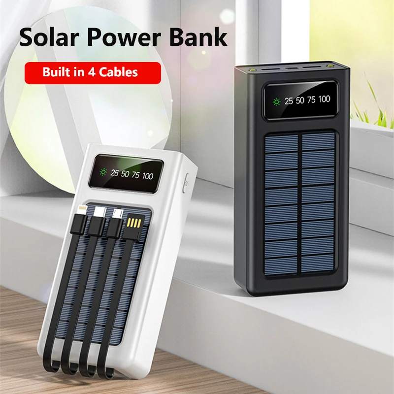 

30000mAh Solar Power Bank Large Capacity Built in 4 Cables Fast Charging LED Light Outdoor Power Bank For Xiaomi iPhone Samsung
