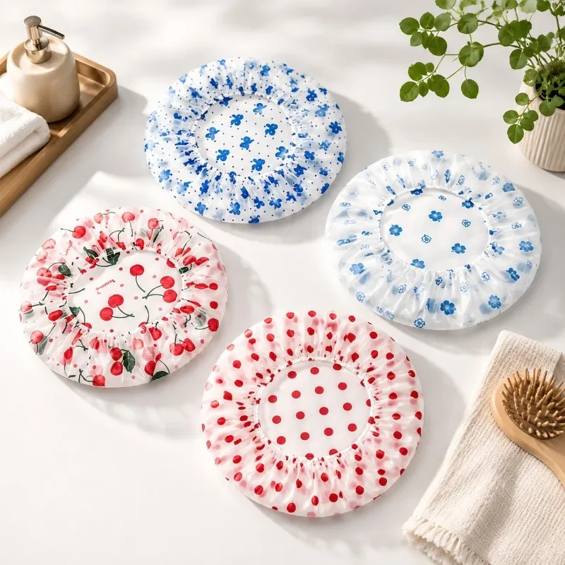 Random 6pcs Shower Cap Waterproof Thickened Hair Cover Adjust Elastic Printed Reusable PE Material Bath
