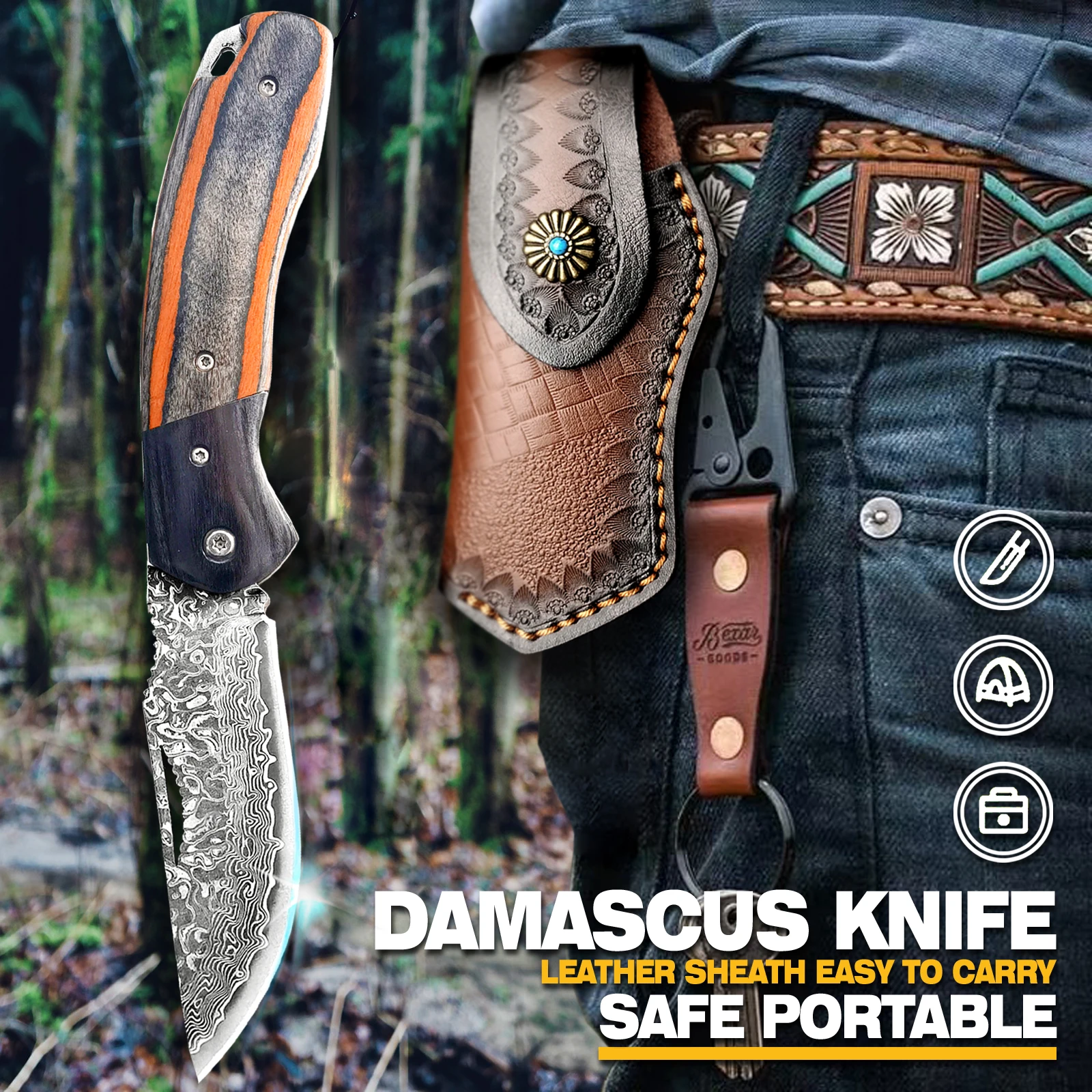 Damast-Klappmesser mit Griff, EDC-Taschenmesser mit Lederscheide, Geschenkbox & Etui für Camping, Outdoor & Wandern