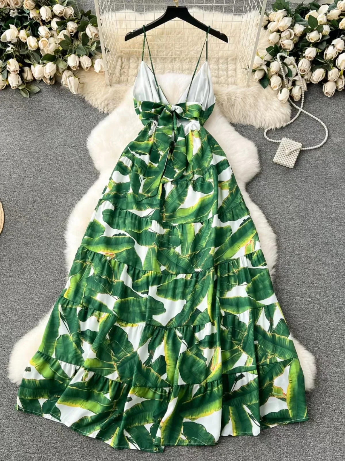 2024 Summer New Vacation Style Fashion Palm Leaf Print Sling Dress Women\'s Sexy V-Neck Backless Bow Tie up A-Line Long Skirt