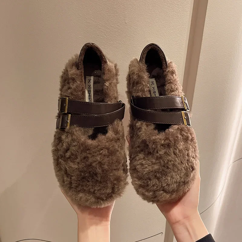 Soft sole woolen shoes for women 2025 autumn and winter lamb wool cotton shoe with velvet bean shoes cotton ladle shoees