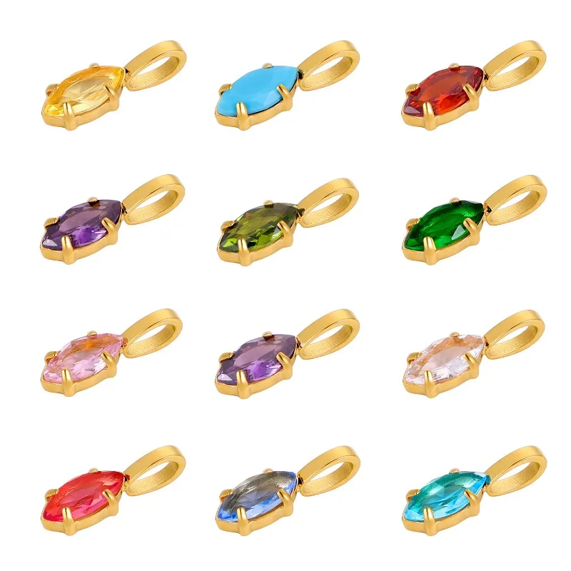 Gold Plated Stainless Steel Marquise Crystal Charms for Women Colorful Birthstone Pendant Necklace Bracelet Jewelry Accessories
