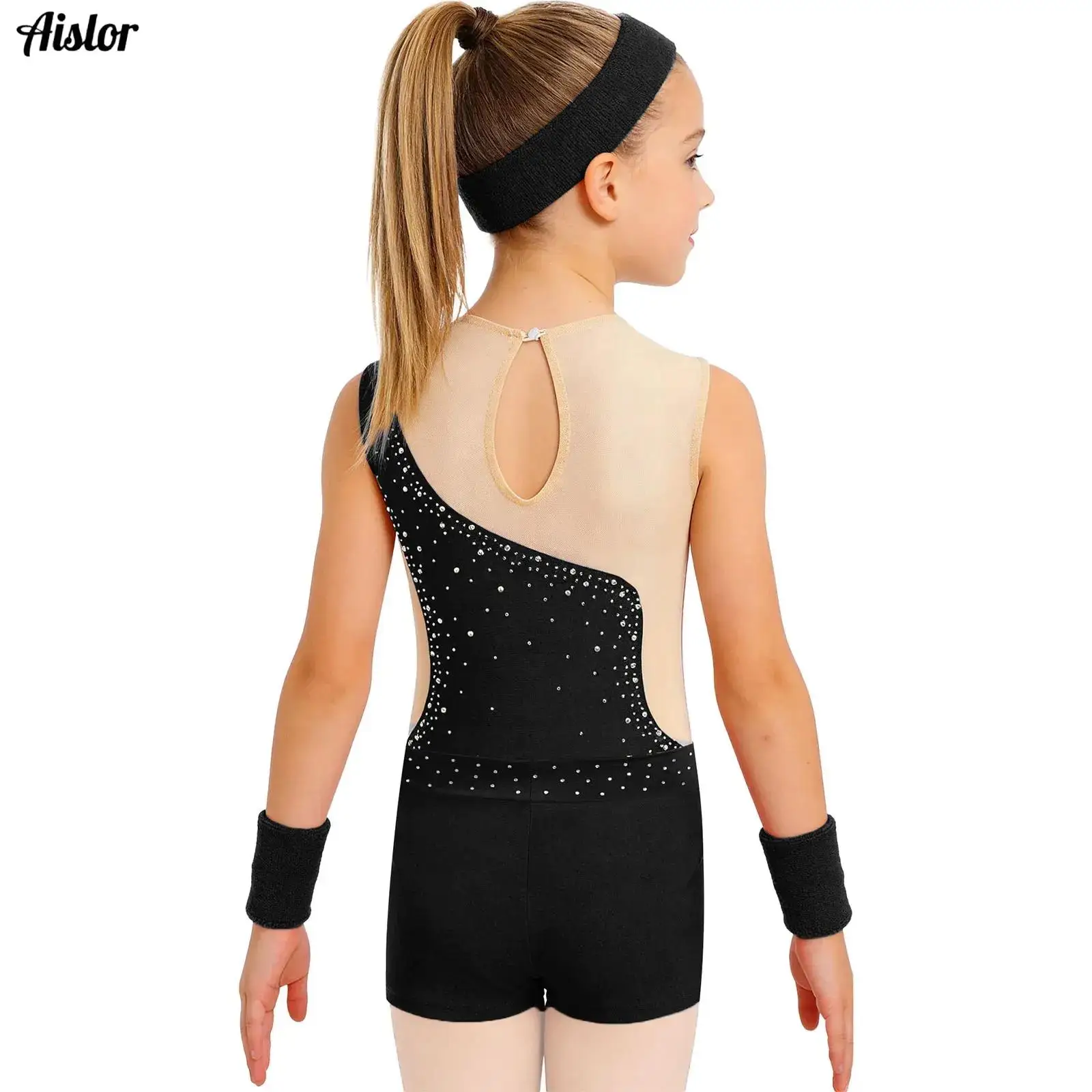 Kids Girls Gymnastics Leotard Ballet Tank Unitard Workout Bodysuit with Shorts Hairband Backpack Set Figure Skating Performance