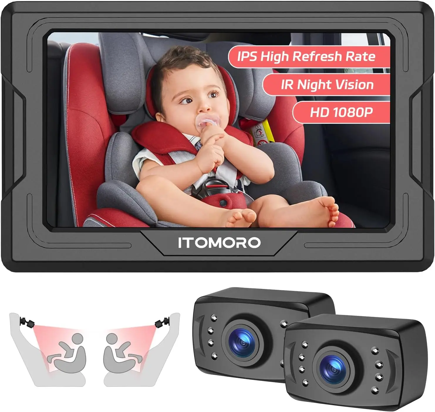 Baby Car Camera HD 1080P Dual-Channel Display Car Baby Camera with 2 IR Night Vision Camera, Easily Install 4.3'' Car Camera for