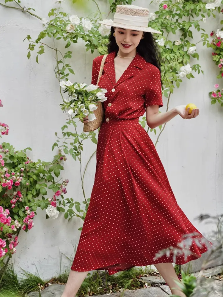 92-108cmBust Summer White Dots Red Dresses For Women French Vintage Elegant Slim Suit Collar Big Swing Korean Fashion Long Dress