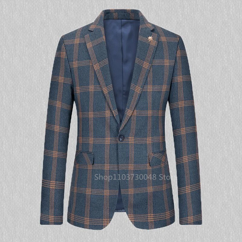 Formal Plaid Blazer for Men with Notch Lapel Single Breasted Dinner Jacket Elegant Slim Fit Suit Coat for Wedding/Business