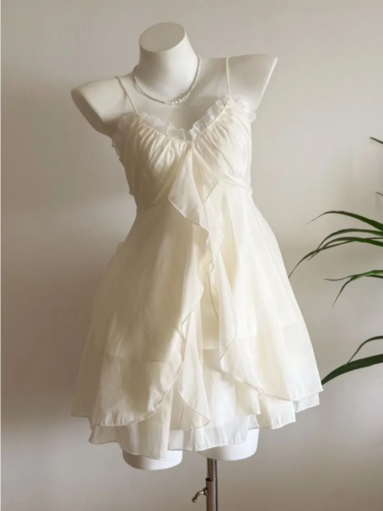 Korean Beach Vacation 2 Piece Set Women Bow Lace Transparent Cover‑Up  Elastic Slip Dress Casual Chic Summer Beachwear Outfit