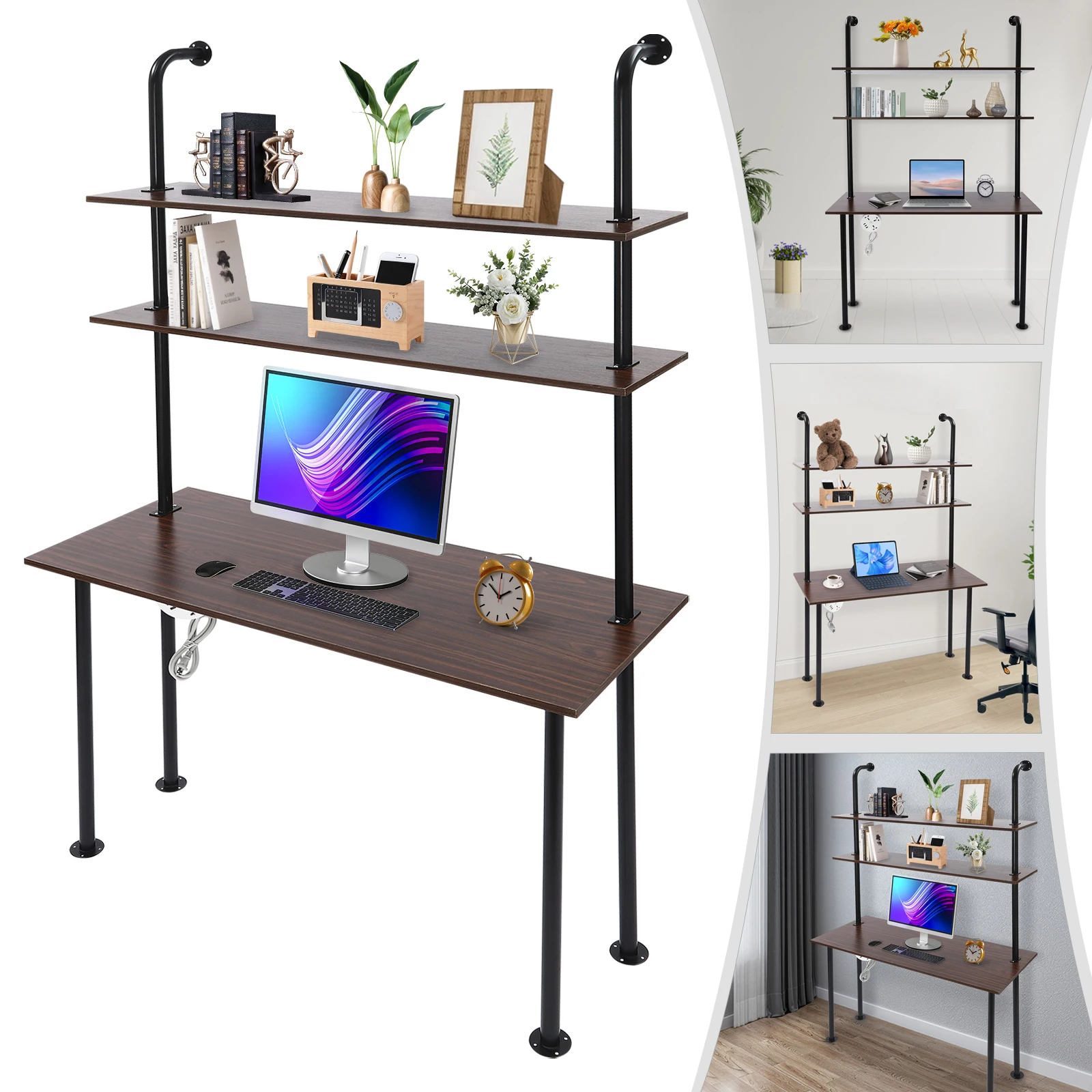 

Wall Mount Desk 3 Tiers Computer Writing Table Laptop Industrial Bookcase Floating Pipe Ladder with Shelf for Home Office School