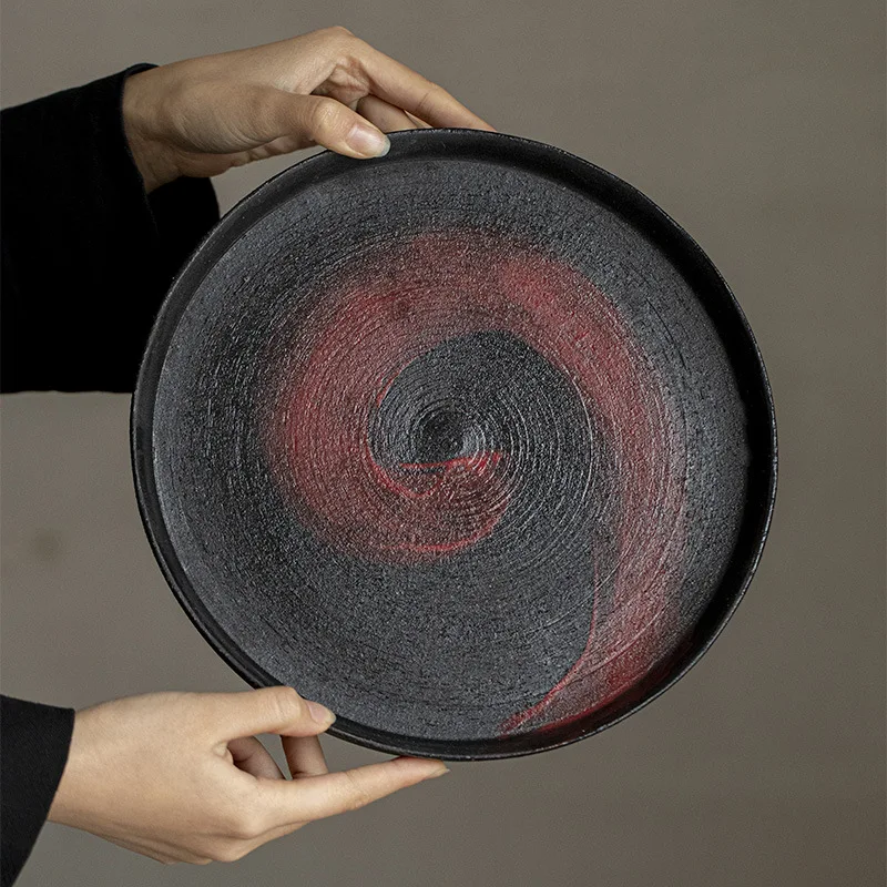 Ceramic Handmade Round Dry Brewing Tray, Household Tea Tray Set, Lacquered Red Tea Sea Table, Wabi Sandy Wind
