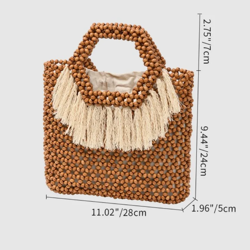 Eco Wooden Bead Bags Women's Boho Seaside Vacation Hollow-out Woven Tote Bag Ethnic Style Summer Tassel Large Capacity Handbag