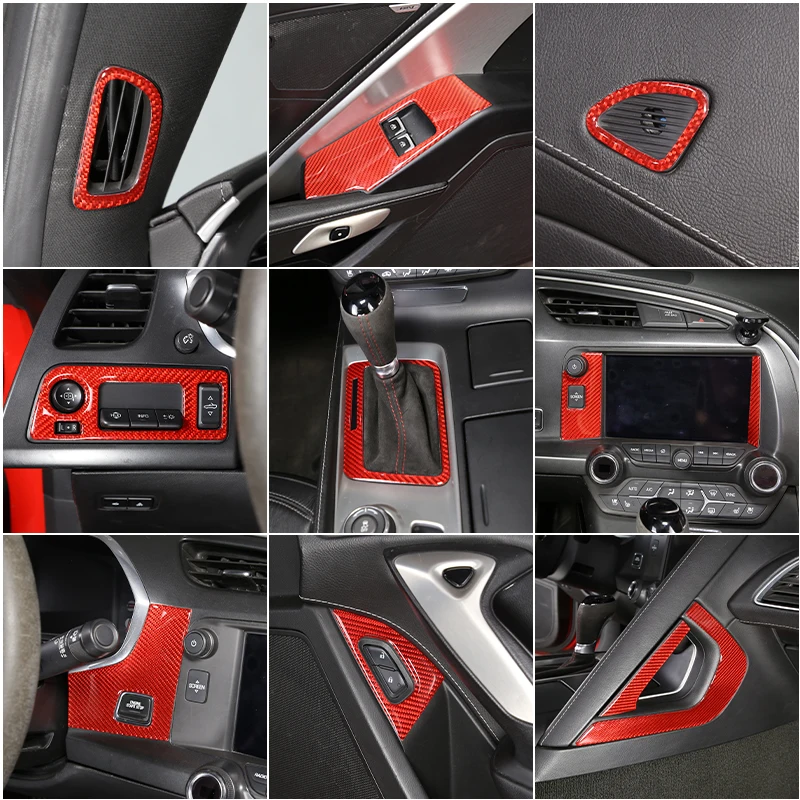 Carbon Fiber Voor Chevrolet Corvette C7 2014-2019 Auto Rood Interieur Decoratieve Sticker Gear Deurklink Stuurwiel Trim