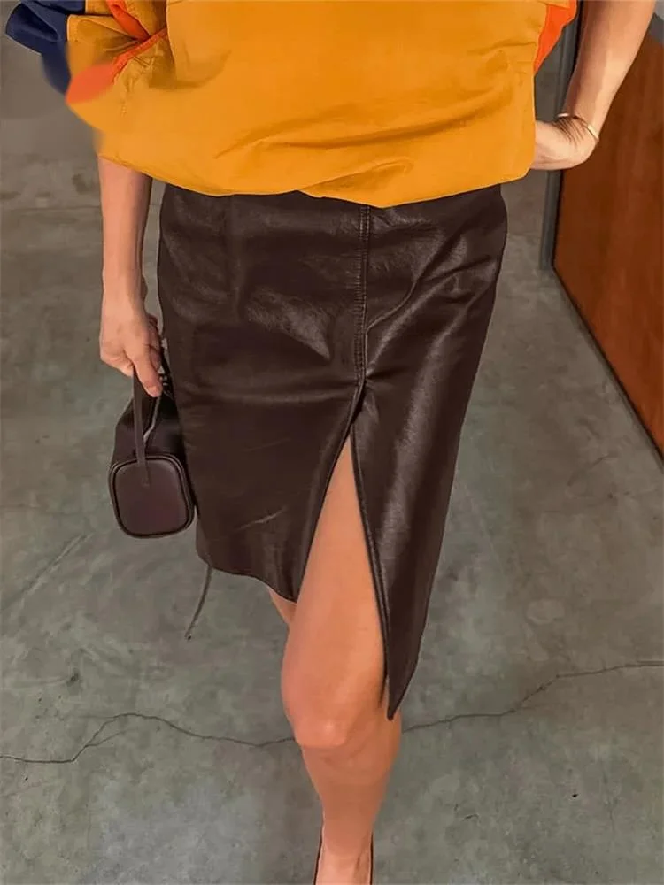 Retro PU Leather Split Skirt Female Autumn  High Waist French Senior Trend Office Lady Bodycon Straight Midi Skirt