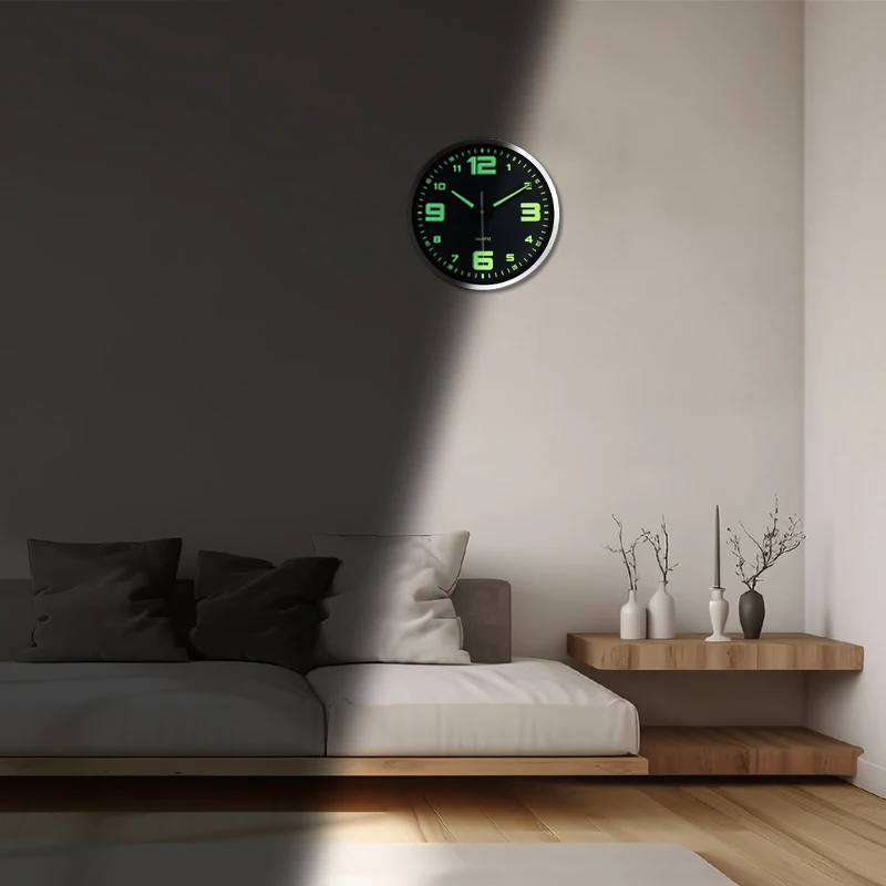 A unique luminous plastic glass wall clock, 8-16 inch modern round silent glow clock, powered by AA batteries, suitable for game