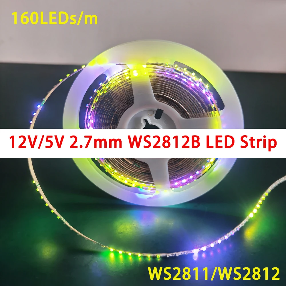 5m800LEDs 2.7mm wide WS2811 WS2812B LED Strip 160Leds/M Individually Addressable RGBIC Colorful Pixel Light DC5V/12V