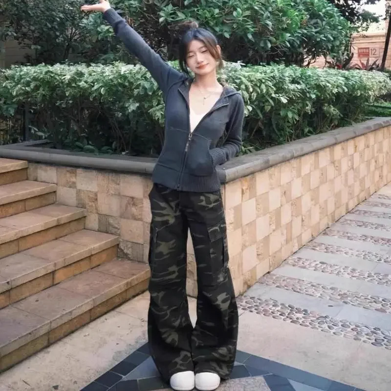 Amerikanisches Retro-Karo-Kapuzenpullover für Damen im Frühling und Herbst 2022, neuer Stil, schmale Passform, Taille, Reißverschluss, Strickjacke, Jacke