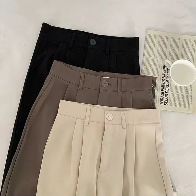 

Простые костюмные брюки для женщин, корейская уличная одежда, свободные широкие брюки с высокой талией, летние элегантные офисные женские повседневные прямые брюки