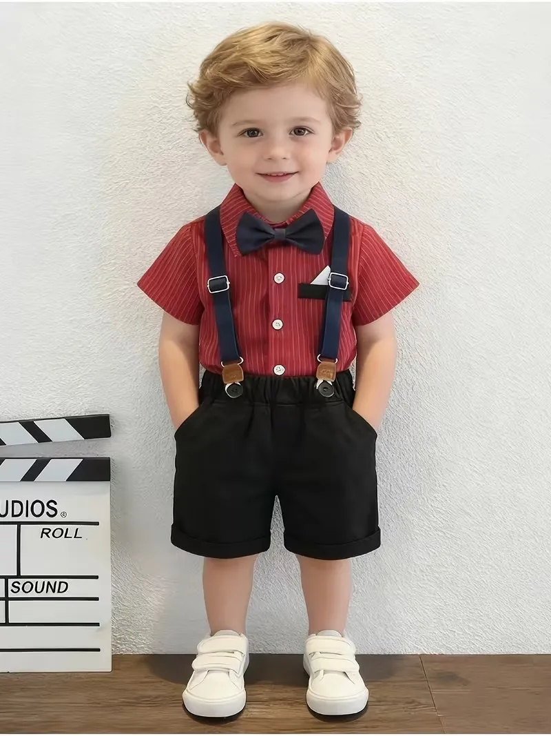 90-150 Little Boys Summer 4Pieces Shirt Shorts Strap Bowtie Host Suit Children Photography Dress Kids Wedding Birthday Outfit