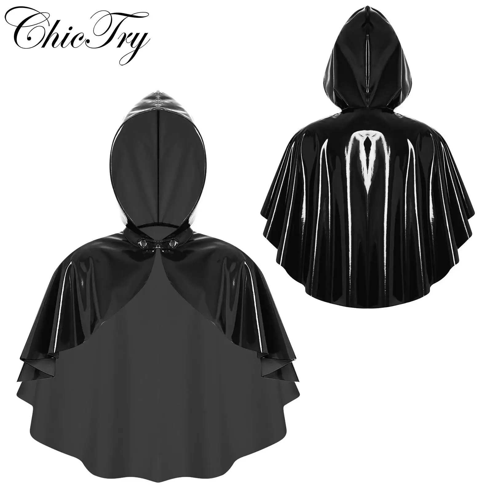 

Womens Wet Look Hooded Cloak Front Pressing Button Closure Cape Bolero Steampunk Gothic Shrug Cosplay Party Disco Club Costume