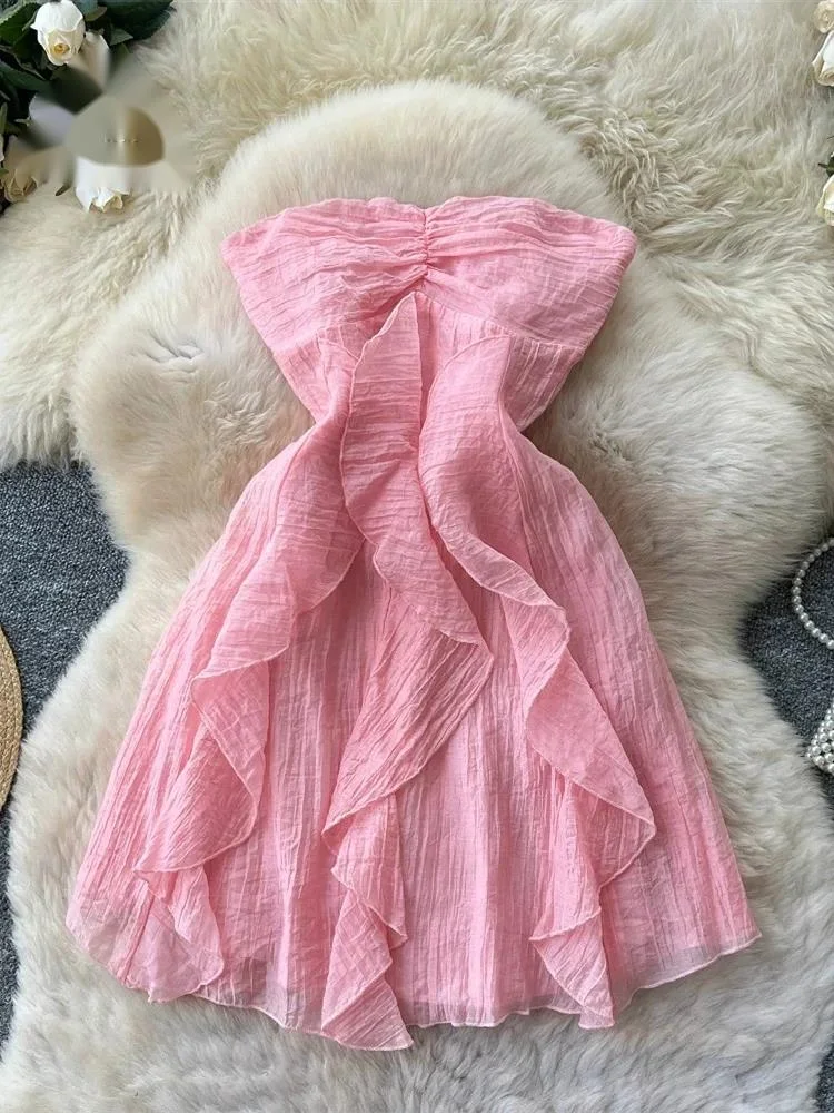 

Korean Strapless Vacation Dress Summer Ruffle Ruched Solid Stretchy Shirred A-line Ladies Hotsweet Lazy Mini Sundress