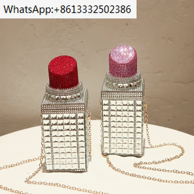 Diamond-encrusted lipstick bags, stylish lipsticks, evening bags, makeup organizers, one-shoulder, cross-body chain bags