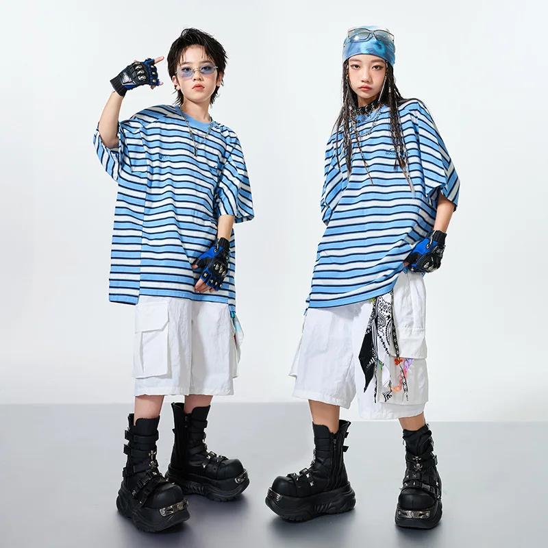 

New Boys Jazz Modern Dance Performance Stage Costumes Girls Striped T Shirt White Shorts Suit Group Hip Hop Rave Clothes Sets