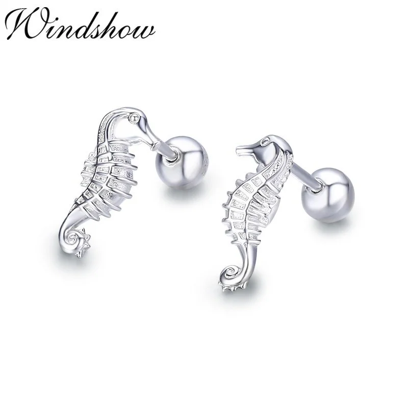 Pendientes bonitos de Plata de Ley 925 pura con forma de caballito de mar y tornillo trasero para mujeres y niñas, joyería Piercing Orecchini Aros Aretes