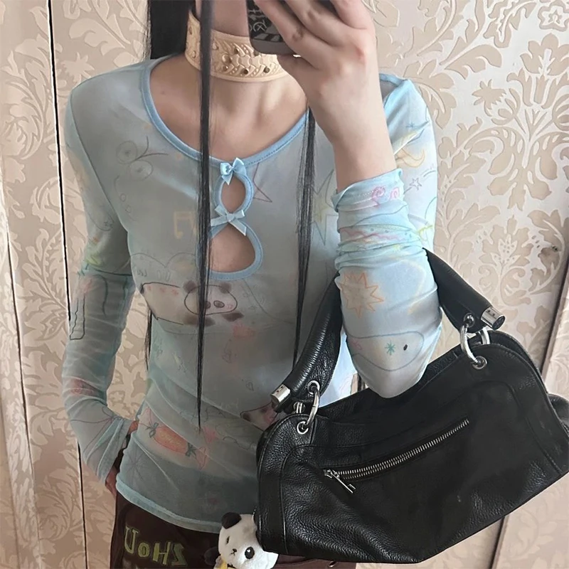 Y2k Light Blue Mesh Tops Female Summer Cute Panda Print Long Sleeve T Shirt Hollow Out Slimming Long Sleeve Base Shirt camisetas