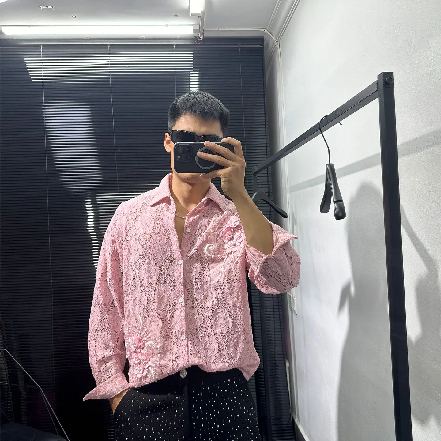 Fashionable Design Sense Avant-Garde Lace Stitching Long-Sleeved Shirt Men's Autumn Loose Retro Idle Style Openwork Blouse