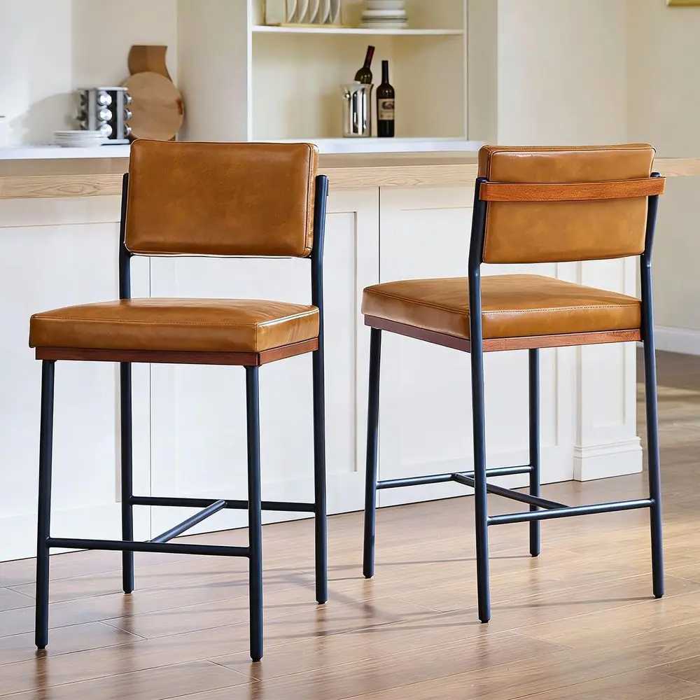 

Set of 2, 26 Inch High Counter Stools with Wide Back and Sturdy Metal Legs, Brown