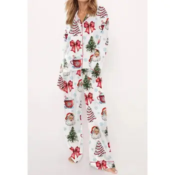 Combhasaki dames 2-delige loungewear pyjama set lange mouw kerstelementen print shirt tops + elastische taille broek nachtkleding