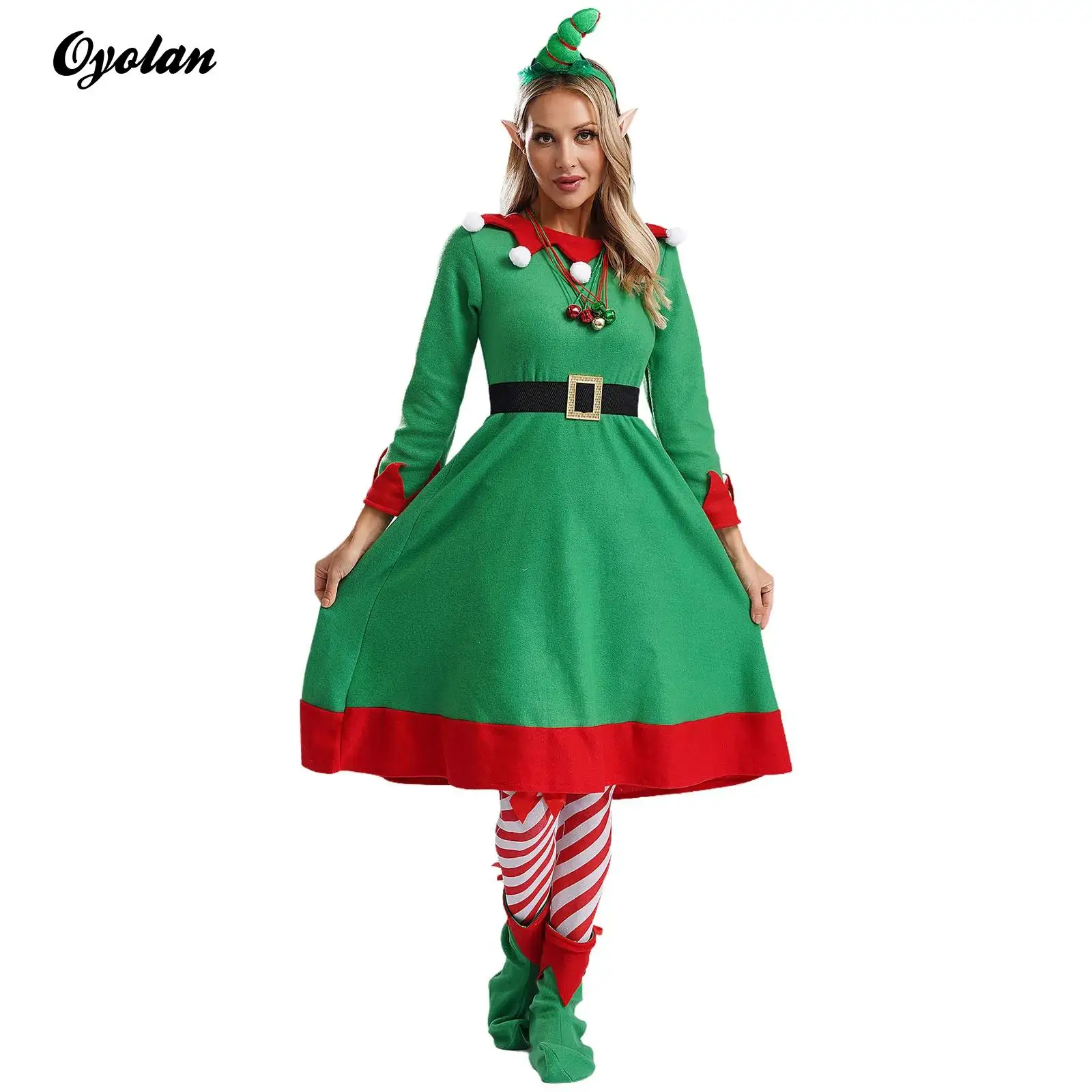 Vestido verde para mujer con aro para el pelo, Navidad, elfo, Papá Noel, ayudante, disfraz de Cosplay, zapatos con orejas de elfo, cinturón, medias, conjunto de campanas