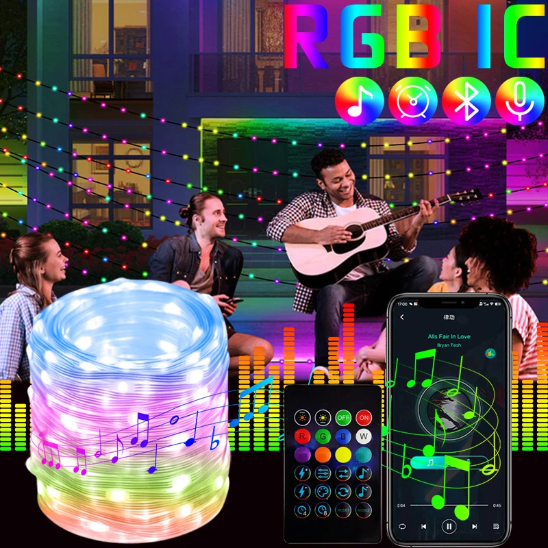 rgb cor mudando fairy lights usb string lights remoto bluetooth controle de aplicativos musica sync ip65 impermeavel ao ar livre 200led 01