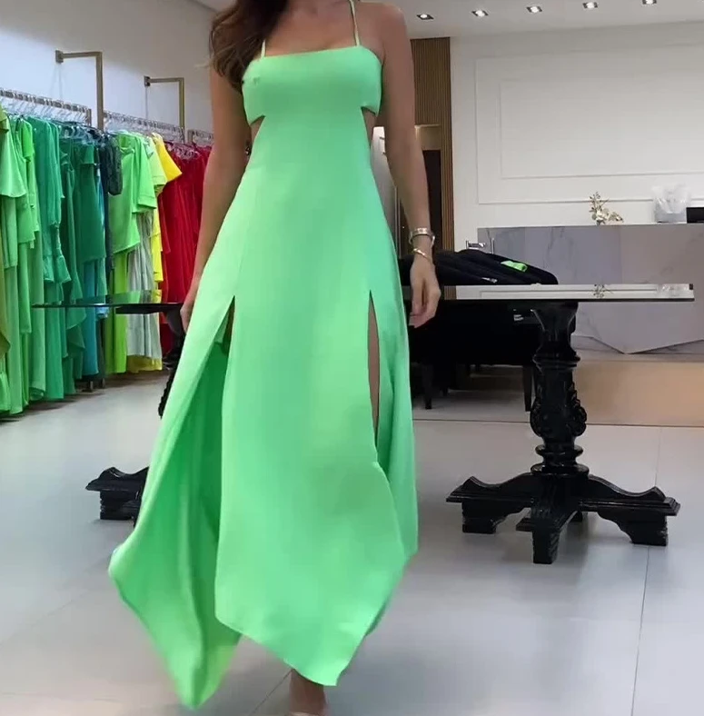 

Women's Elegant Style Dress 2024 Spring/summer Latest Solid Color Sexy Hollow Hanging Strap Split Beach Resort A-Line Skirt