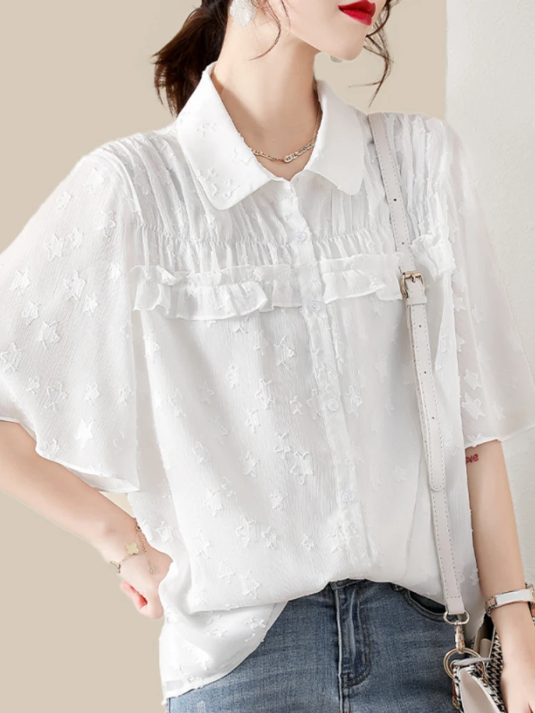 

2026 Summer French Square Neck Chiffon Blouse For Women Fashionable Ruffle Sleeve Loose Fit Slimming Boutique Shirt