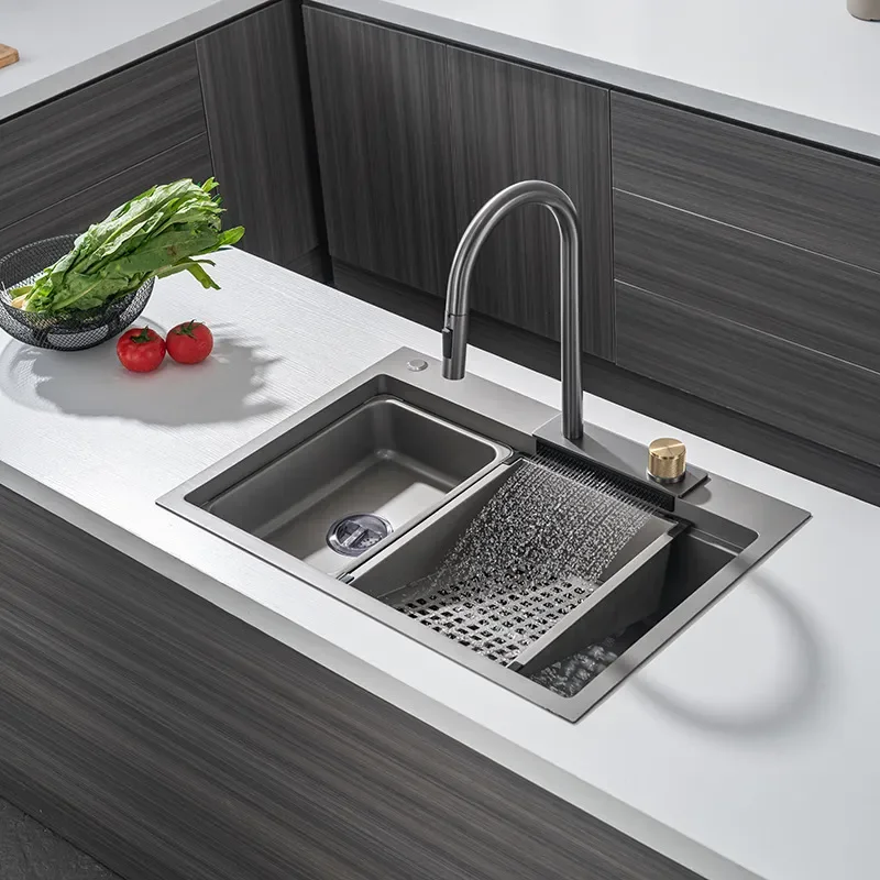 Light Luxury Waterfall Kitchen Sink SUS304 Stainless Steel Large Single Basin with Flying Rain Effect Vegetable Washing Pool