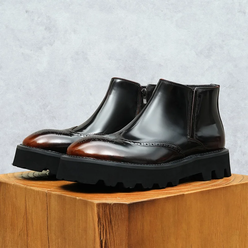 

Men’s Genuine Cow Leather Boots Banquet Business Suits Slip On Cowhide Black Luxury Shoes Man Winter