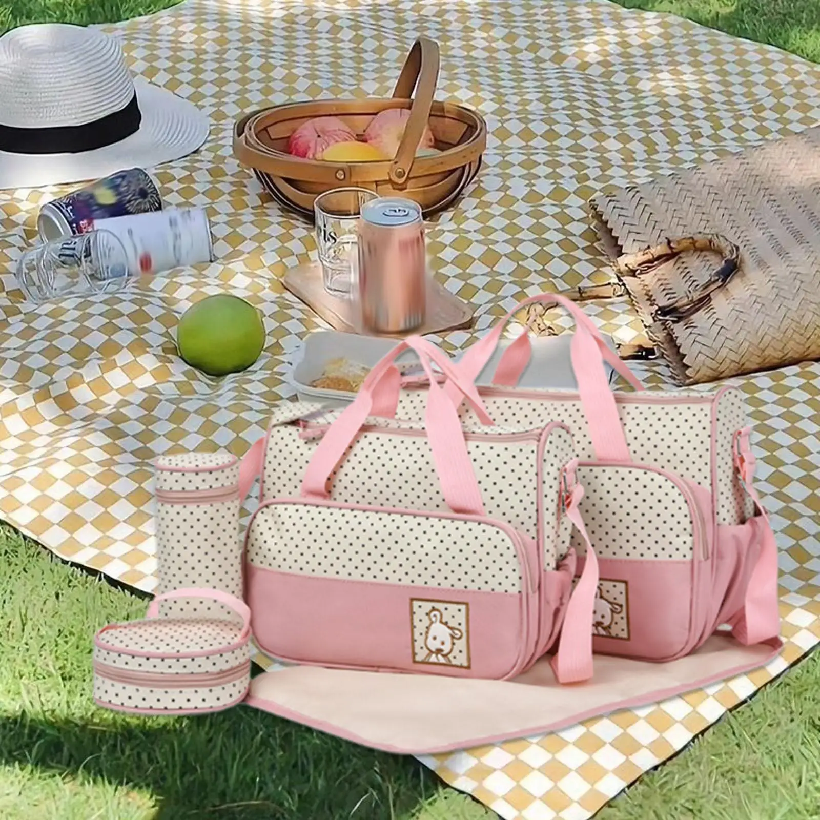 Baby Diaper Bag Tote Set for Traveling Multifunctional Handbag with Bottle Bag Changing Pad Oxford Cloth Maternity Nappy Carry