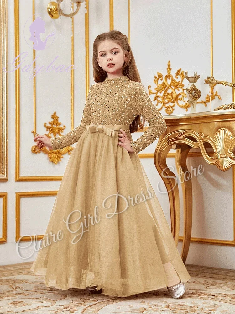 Robe de demoiselle d'honneur champagne personnalisée, paillettes de mariage, tulle à col haut, fête d'anniversaire, première communion, robe de reconstitution historique