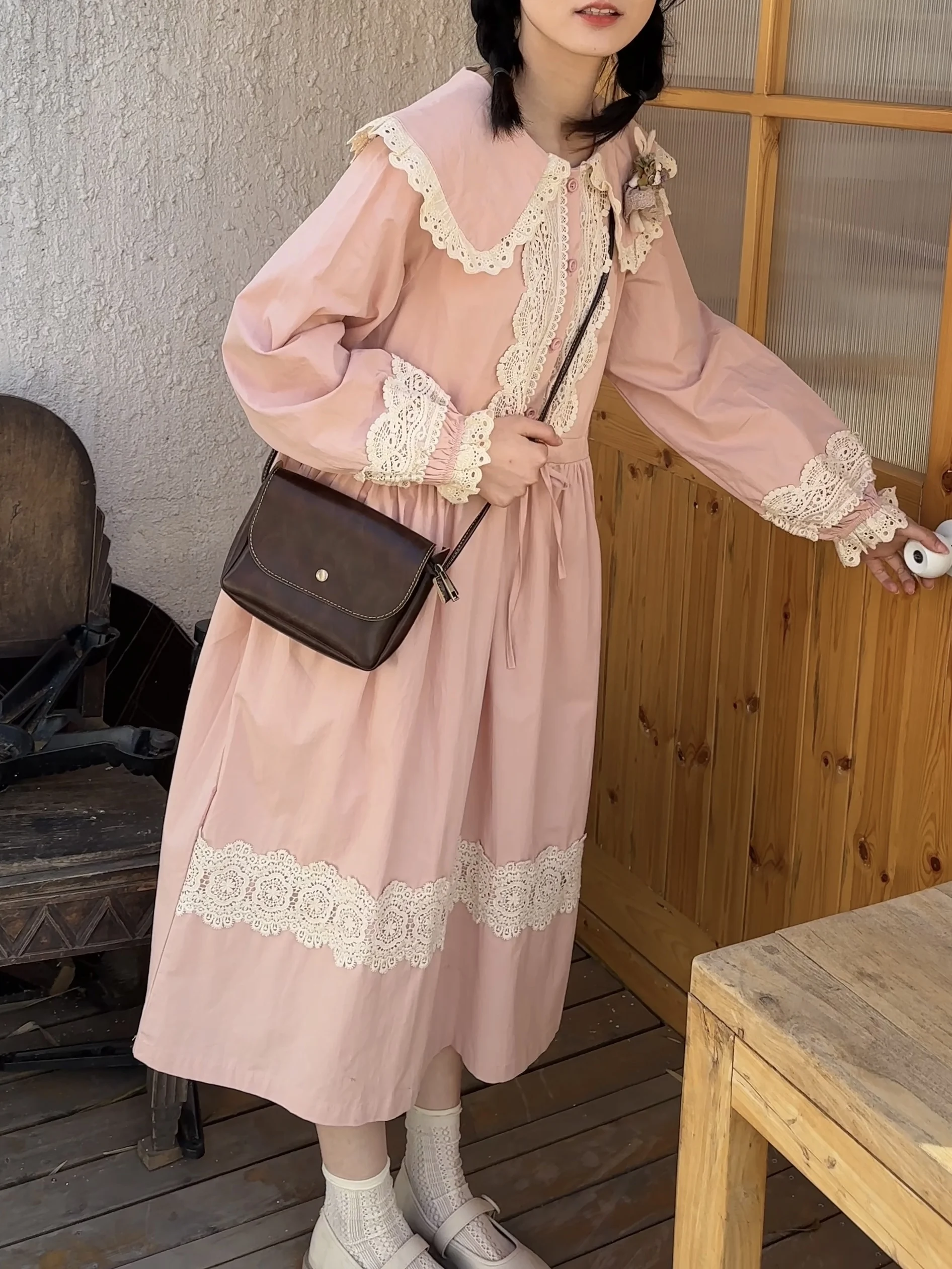 

Sweet Fre Sle Long Sve Lace Doll Collar Dr Japanese Sle Cotton A-Line Skirt Spring Season Women's Clothing