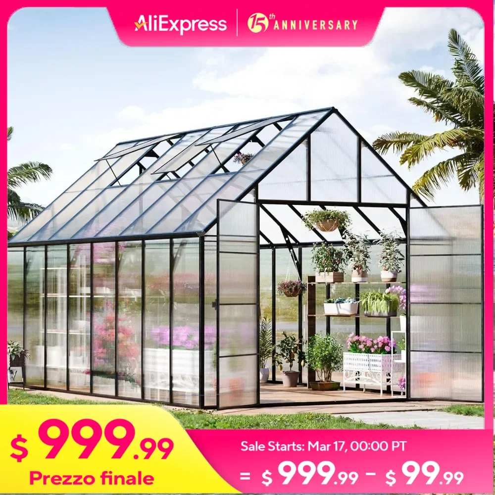 10x16 FT Greenhouse with 3 Vents Window, Swing Door & T Connector, Upgraded Walk-in Aluminum Polycarbonate Greenhouse