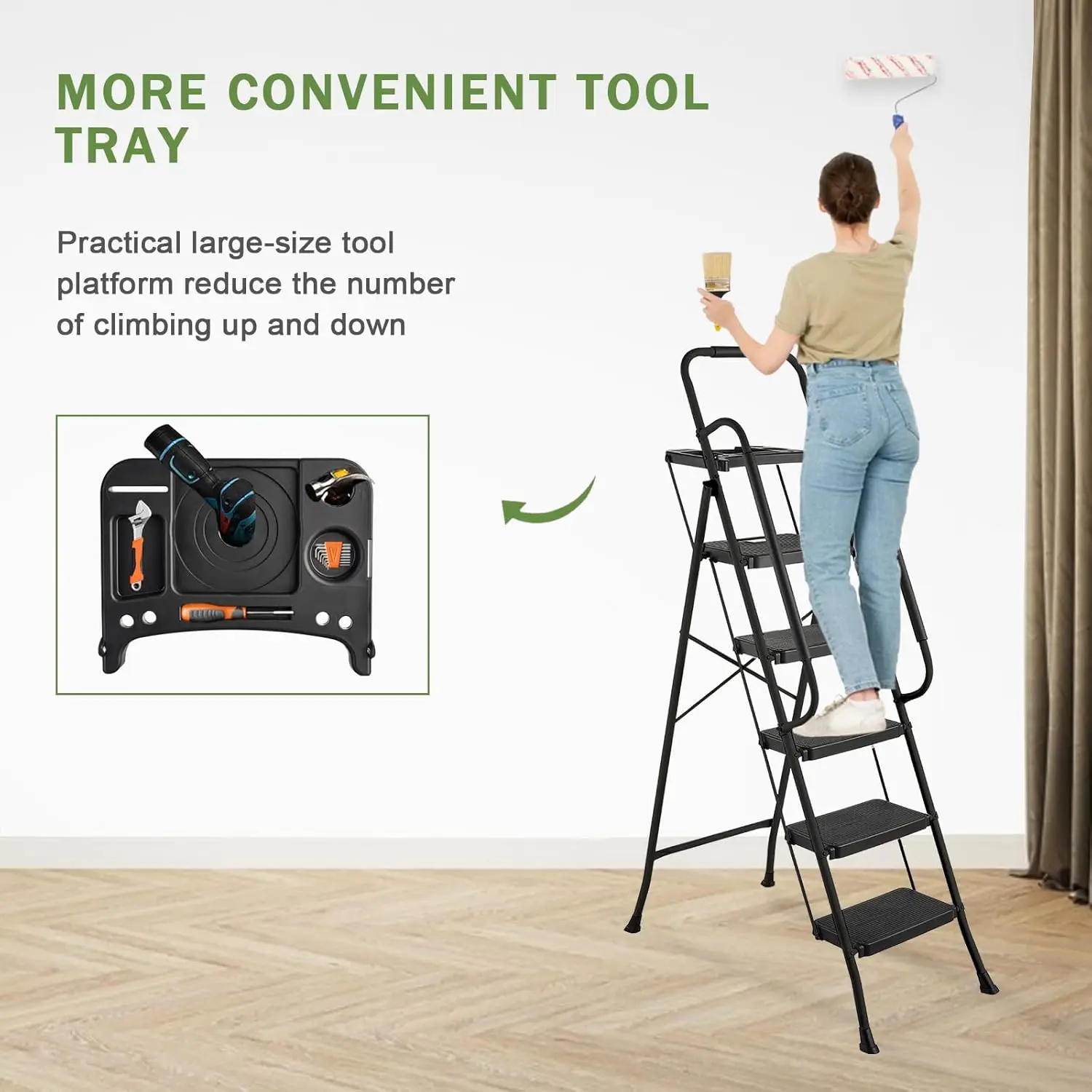 Ladder with Handrails, 330LBS Capacity, Folding Step Stool with Tool Platform, Anti-Slip Wide Pedal, Sturdy Steel Ladder