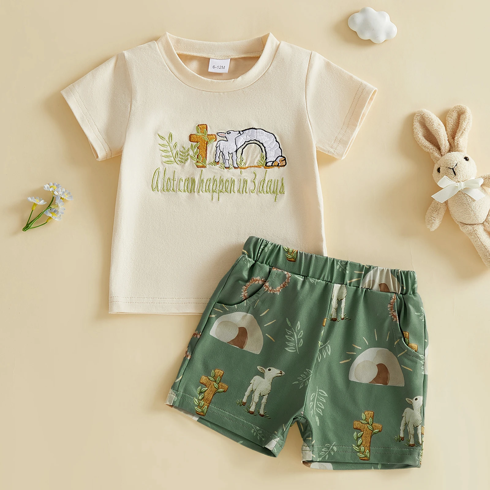 Infant Baby Boys Easter Shorts Sets Short Sleeve O Neck Letter Embroidery Tops and Cross Sheep Cave Print Shorts