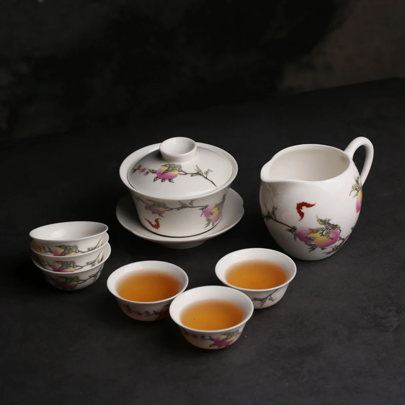 Old goods tide color pomegranate peach flat peach cover bowl teacup fair cup Chaozhou Gongfu tea set high temperature ceramic